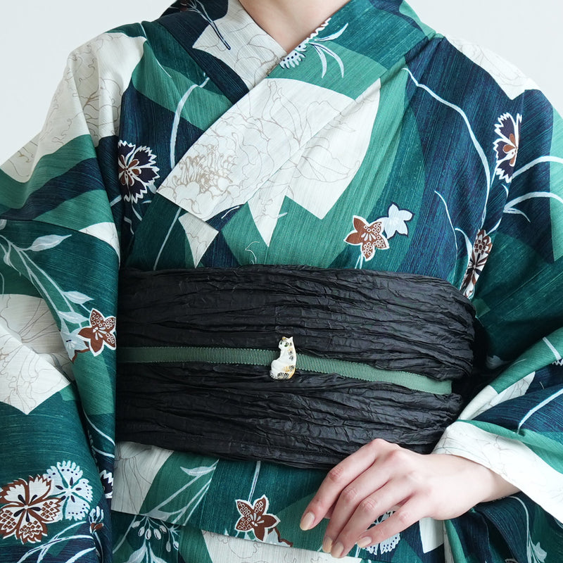 【セパレート高級変わり織 二部式浴衣3点セット ( ゆかた上下・帯・下駄 ) かすれグリーンに扇面】フリーサイズ  国産生地 国内染色 昭和初期アンティーク復刻版 （5016279811）