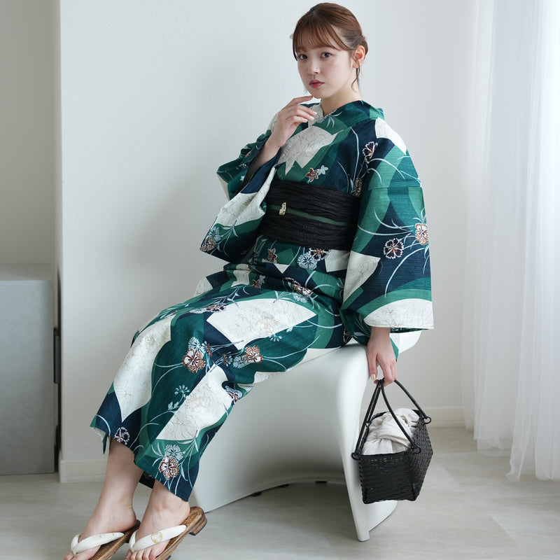 【セパレート高級変わり織 二部式浴衣3点セット ( ゆかた上下・帯・下駄 ) かすれグリーンに扇面】フリーサイズ  国産生地 国内染色 昭和初期アンティーク復刻版 （5016279811）