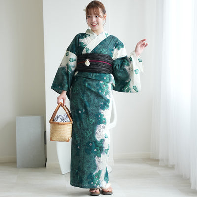 【セパレート高級変わり織 二部式浴衣3点セット ( ゆかた上下・帯・下駄 ) グリーンの染分け梅つばき】フリーサイズ  国産生地 国内染色 昭和初期アンティーク復刻版 （5016279911）
