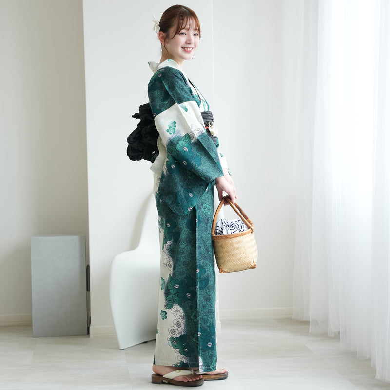 【セパレート高級変わり織 二部式浴衣3点セット ( ゆかた上下・帯・下駄 ) グリーンの染分け梅つばき】フリーサイズ  国産生地 国内染色 昭和初期アンティーク復刻版 （5016279911）