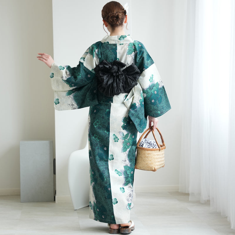 【セパレート高級変わり織 二部式浴衣3点セット ( ゆかた上下・帯・下駄 ) グリーンの染分け梅つばき】フリーサイズ  国産生地 国内染色 昭和初期アンティーク復刻版 （5016279911）