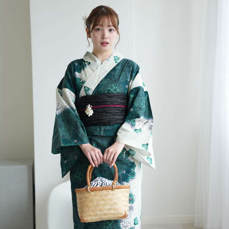 【セパレート高級変わり織 二部式浴衣3点セット ( ゆかた上下・帯・下駄 ) グリーンの染分け梅つばき】フリーサイズ  国産生地 国内染色 昭和初期アンティーク復刻版 （5016279911）