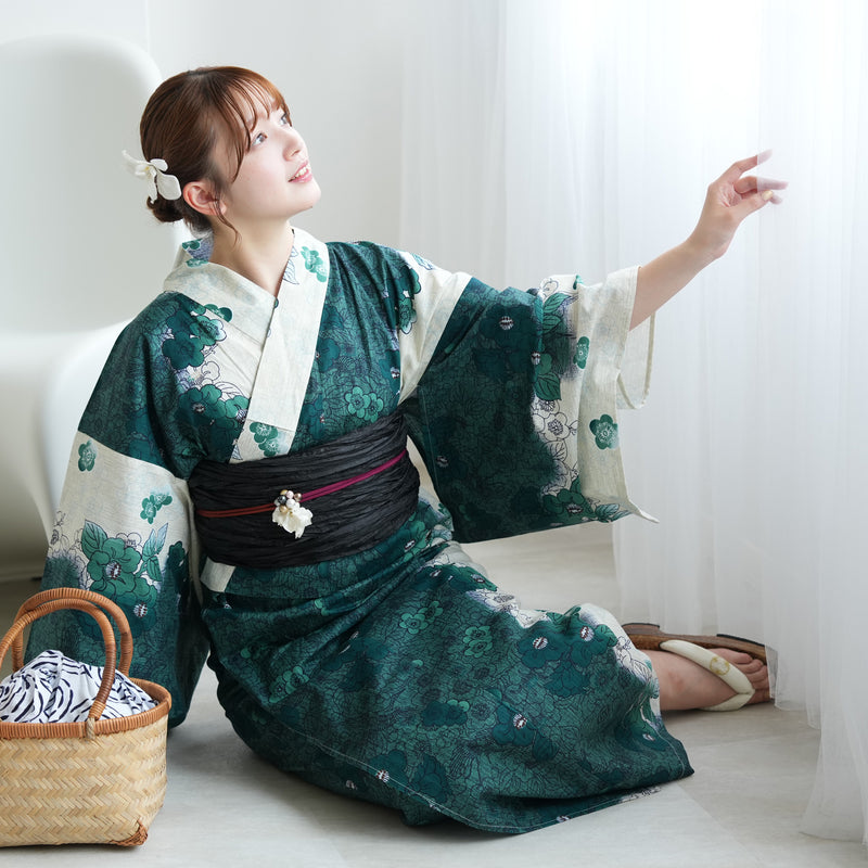 【セパレート高級変わり織 二部式浴衣3点セット ( ゆかた上下・帯・下駄 ) グリーンの染分け梅つばき】フリーサイズ  国産生地 国内染色 昭和初期アンティーク復刻版 （5016279911）