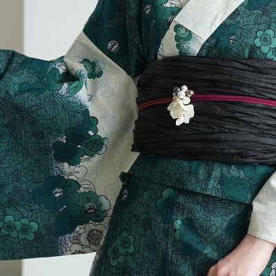 【セパレート高級変わり織 二部式浴衣3点セット ( ゆかた上下・帯・下駄 ) グリーンの染分け梅つばき】フリーサイズ  国産生地 国内染色 昭和初期アンティーク復刻版 （5016279911）