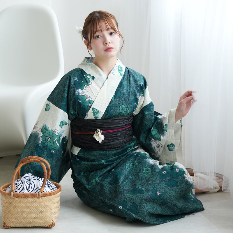 【セパレート高級変わり織 二部式浴衣3点セット ( ゆかた上下・帯・下駄 ) グリーンの染分け梅つばき】フリーサイズ  国産生地 国内染色 昭和初期アンティーク復刻版 （5016279911）