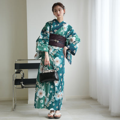 【セパレート高級変わり織 二部式浴衣3点セット ( ゆかた上下・帯・下駄 ) かすれ緑ぼかしの梅】フリーサイズ  国産生地 国内染色 昭和初期アンティーク復刻版 （5016280011）