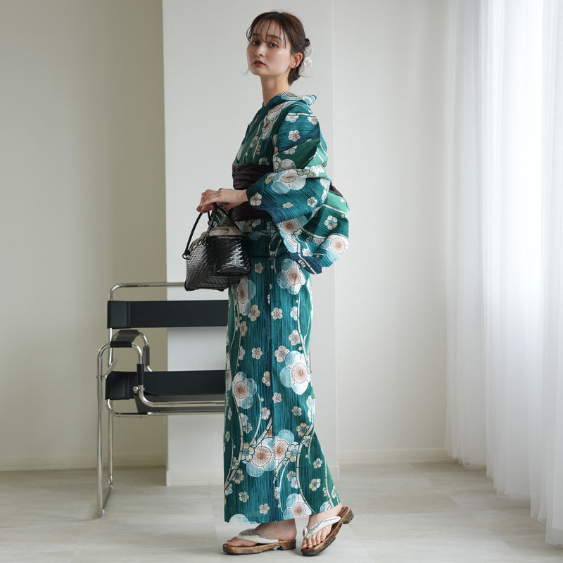 【セパレート高級変わり織 二部式浴衣3点セット ( ゆかた上下・帯・下駄 ) かすれ緑ぼかしの梅】フリーサイズ  国産生地 国内染色 昭和初期アンティーク復刻版 （5016280011）