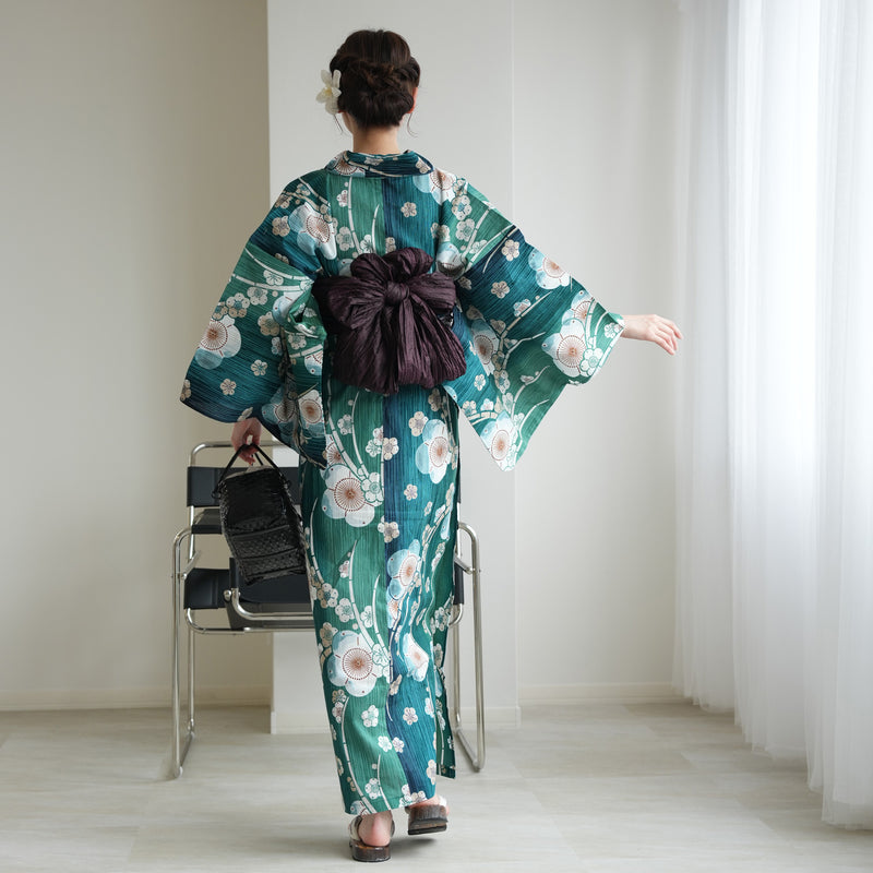 【セパレート高級変わり織 二部式浴衣3点セット ( ゆかた上下・帯・下駄 ) かすれ緑ぼかしの梅】フリーサイズ  国産生地 国内染色 昭和初期アンティーク復刻版 （5016280011）