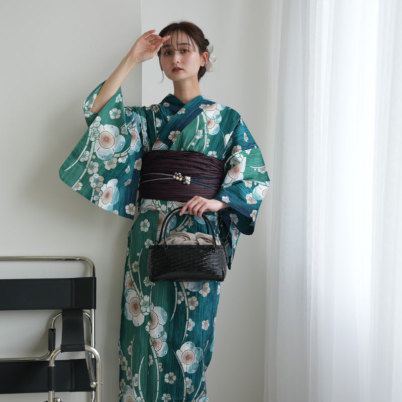 【セパレート高級変わり織 二部式浴衣3点セット ( ゆかた上下・帯・下駄 ) かすれ緑ぼかしの梅】フリーサイズ  国産生地 国内染色 昭和初期アンティーク復刻版 （5016280011）