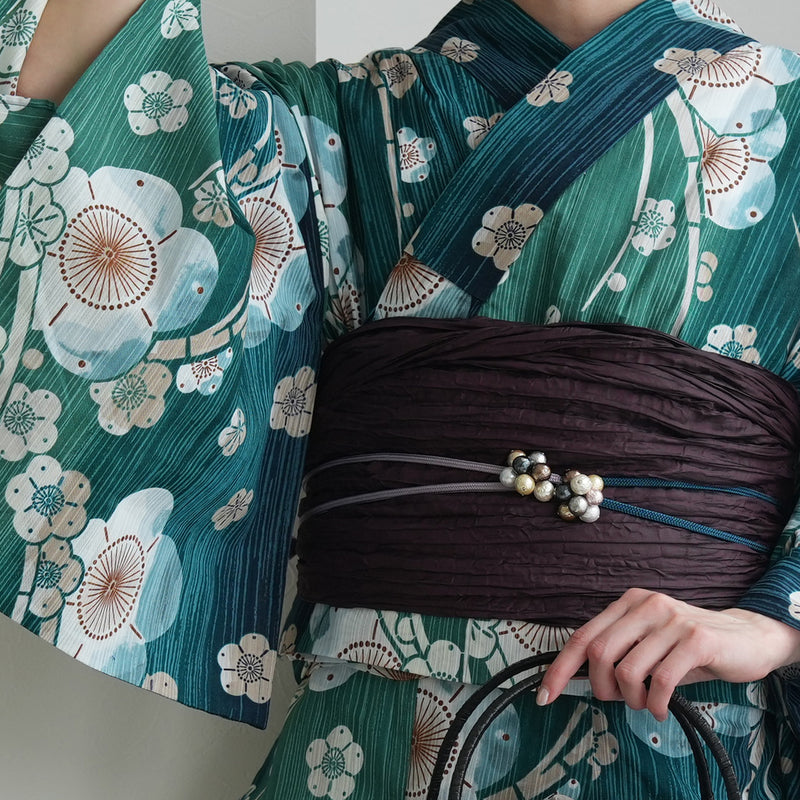 【セパレート高級変わり織 二部式浴衣3点セット ( ゆかた上下・帯・下駄 ) かすれ緑ぼかしの梅】フリーサイズ  国産生地 国内染色 昭和初期アンティーク復刻版 （5016280011）
