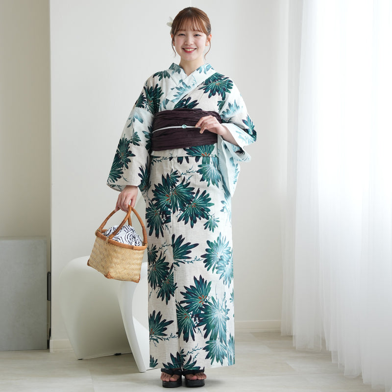 【セパレート高級変わり織 二部式浴衣3点セット ( ゆかた上下・帯・下駄 ) 溶け込むグリーンの大輪の花】フリーサイズ  国産生地 国内染色 昭和初期アンティーク復刻版 （5016280111）