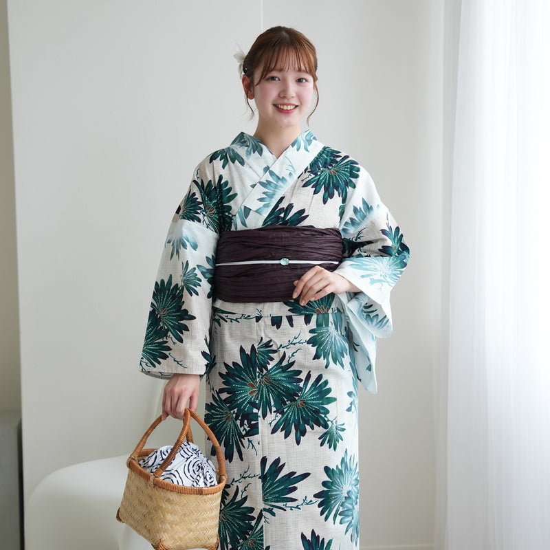 【セパレート高級変わり織 二部式浴衣3点セット ( ゆかた上下・帯・下駄 ) 溶け込むグリーンの大輪の花】フリーサイズ  国産生地 国内染色 昭和初期アンティーク復刻版 （5016280111）