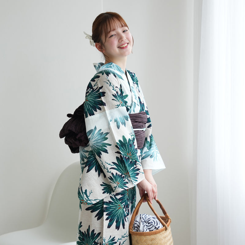 【セパレート高級変わり織 二部式浴衣3点セット ( ゆかた上下・帯・下駄 ) 溶け込むグリーンの大輪の花】フリーサイズ  国産生地 国内染色 昭和初期アンティーク復刻版 （5016280111）