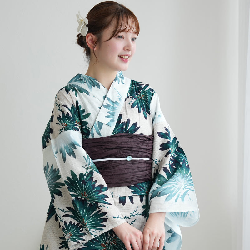 【セパレート高級変わり織 二部式浴衣3点セット ( ゆかた上下・帯・下駄 ) 溶け込むグリーンの大輪の花】フリーサイズ  国産生地 国内染色 昭和初期アンティーク復刻版 （5016280111）