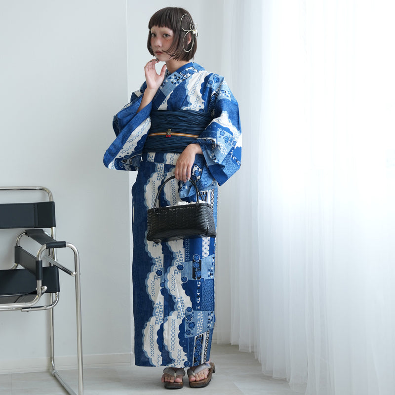 【セパレート高級変わり織 二部式浴衣3点セット ( ゆかた上下・帯・下駄 ) スカラップ雲取 ブルー】フリーサイズ  国産生地 国内染色 ニコアンティーク （5016280311）