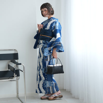 【セパレート高級変わり織 二部式浴衣3点セット ( ゆかた上下・帯・下駄 ) スカラップ雲取 ブルー】フリーサイズ  国産生地 国内染色 ニコアンティーク （5016280311）