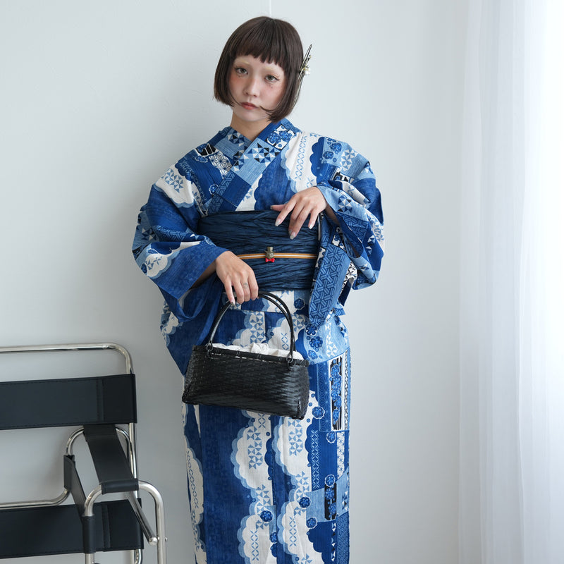 【セパレート高級変わり織 二部式浴衣3点セット ( ゆかた上下・帯・下駄 ) スカラップ雲取 ブルー】フリーサイズ  国産生地 国内染色 ニコアンティーク （5016280311）