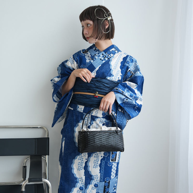 【セパレート高級変わり織 二部式浴衣3点セット ( ゆかた上下・帯・下駄 ) スカラップ雲取 ブルー】フリーサイズ  国産生地 国内染色 ニコアンティーク （5016280311）