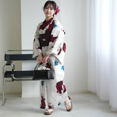 【セパレート高級変わり織 二部式浴衣3点セット ( ゆかた上下・帯・下駄 )赤と青の帆船】フリーサイズ  国産生地 国内染色 ニコアンティーク （5016281111）