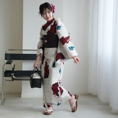 【セパレート高級変わり織 二部式浴衣3点セット ( ゆかた上下・帯・下駄 )赤と青の帆船】フリーサイズ  国産生地 国内染色 ニコアンティーク （5016281111）
