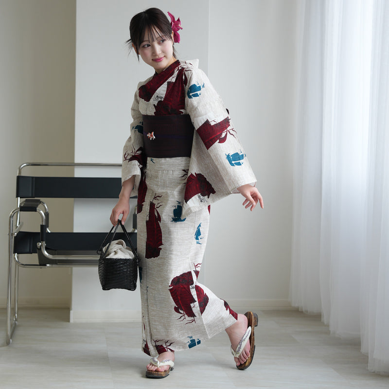 【セパレート高級変わり織 二部式浴衣3点セット ( ゆかた上下・帯・下駄 )赤と青の帆船】フリーサイズ  国産生地 国内染色 ニコアンティーク （5016281111）