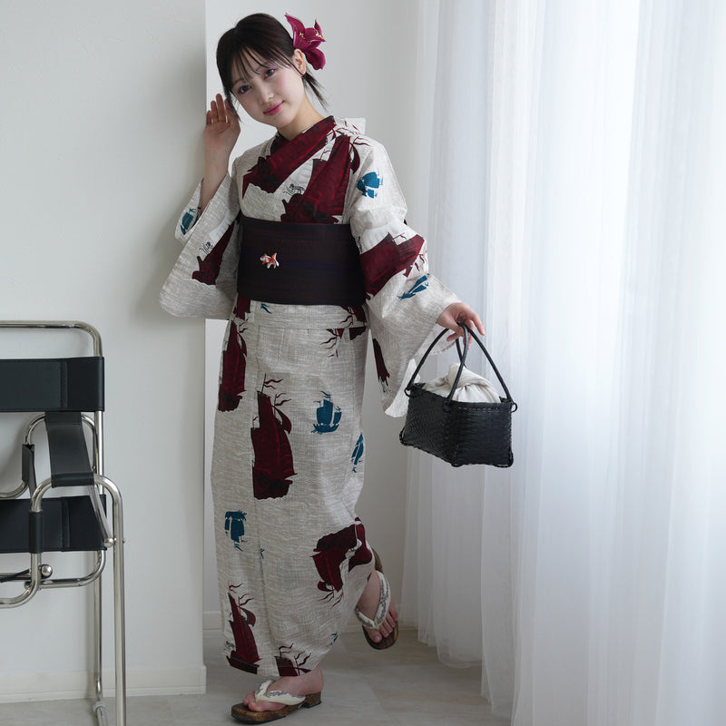 【セパレート高級変わり織 二部式浴衣3点セット ( ゆかた上下・帯・下駄 )赤と青の帆船】フリーサイズ  国産生地 国内染色 ニコアンティーク （5016281111）