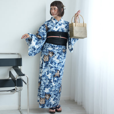 【セパレート高級変わり織 二部式浴衣3点セット ( ゆかた上下・帯・下駄 ) 梟の森　宵】フリーサイズ  国産生地 国内染色 ニコアンティーク （5016282611）