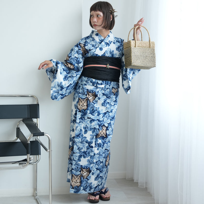【セパレート高級変わり織 二部式浴衣3点セット ( ゆかた上下・帯・下駄 ) 梟の森　宵】フリーサイズ  国産生地 国内染色 ニコアンティーク （5016282611）