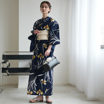 【セパレート高級変わり織 二部式浴衣3点セット ( ゆかた上下・帯・下駄 )紺地に菖蒲とつばめ】フリーサイズ  国産生地 国内染色 ニコアンティーク （5016282911）