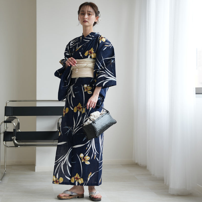 【セパレート高級変わり織 二部式浴衣3点セット ( ゆかた上下・帯・下駄 )紺地に菖蒲とつばめ】フリーサイズ  国産生地 国内染色 ニコアンティーク （5016282911）