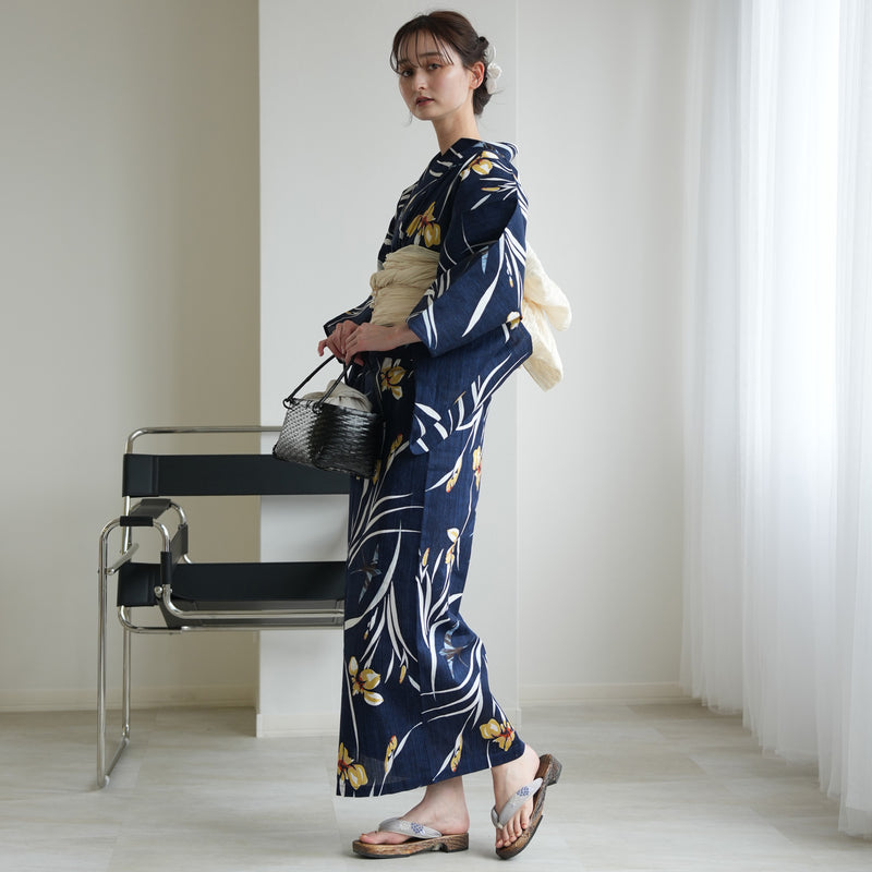 【セパレート高級変わり織 二部式浴衣3点セット ( ゆかた上下・帯・下駄 )紺地に菖蒲とつばめ】フリーサイズ  国産生地 国内染色 ニコアンティーク （5016282911）