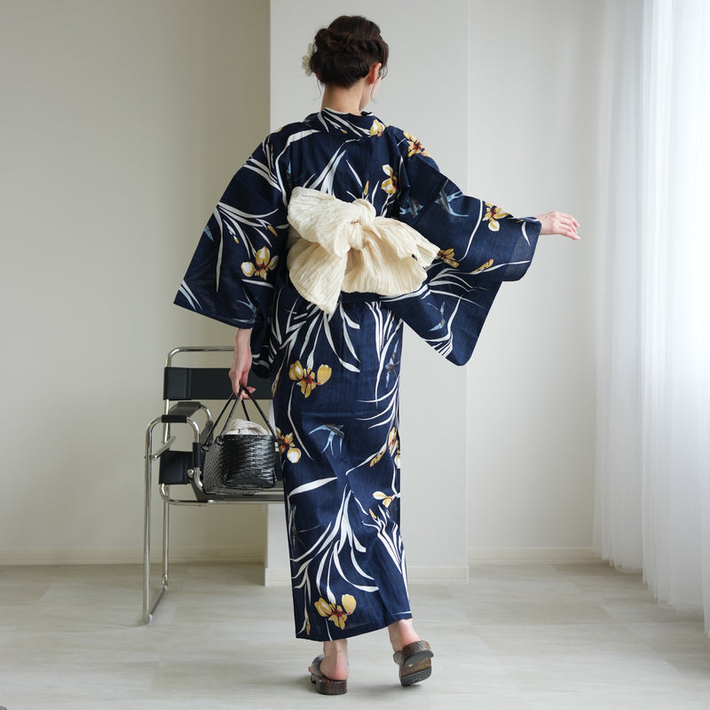 【セパレート高級変わり織 二部式浴衣3点セット ( ゆかた上下・帯・下駄 )紺地に菖蒲とつばめ】フリーサイズ  国産生地 国内染色 ニコアンティーク （5016282911）