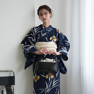 【セパレート高級変わり織 二部式浴衣3点セット ( ゆかた上下・帯・下駄 )紺地に菖蒲とつばめ】フリーサイズ  国産生地 国内染色 ニコアンティーク （5016282911）