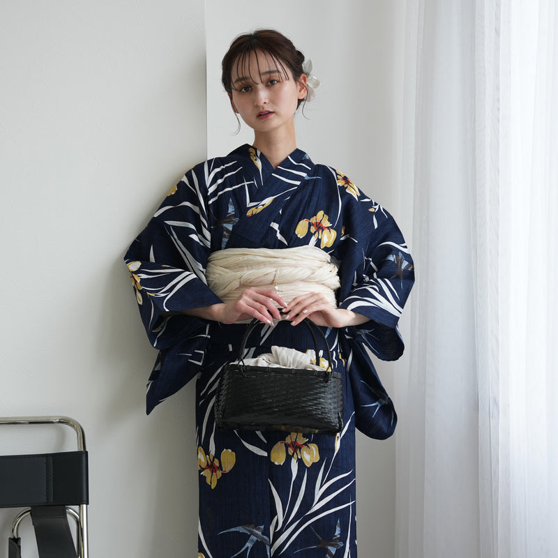 【セパレート高級変わり織 二部式浴衣3点セット ( ゆかた上下・帯・下駄 )紺地に菖蒲とつばめ】フリーサイズ  国産生地 国内染色 ニコアンティーク （5016282911）