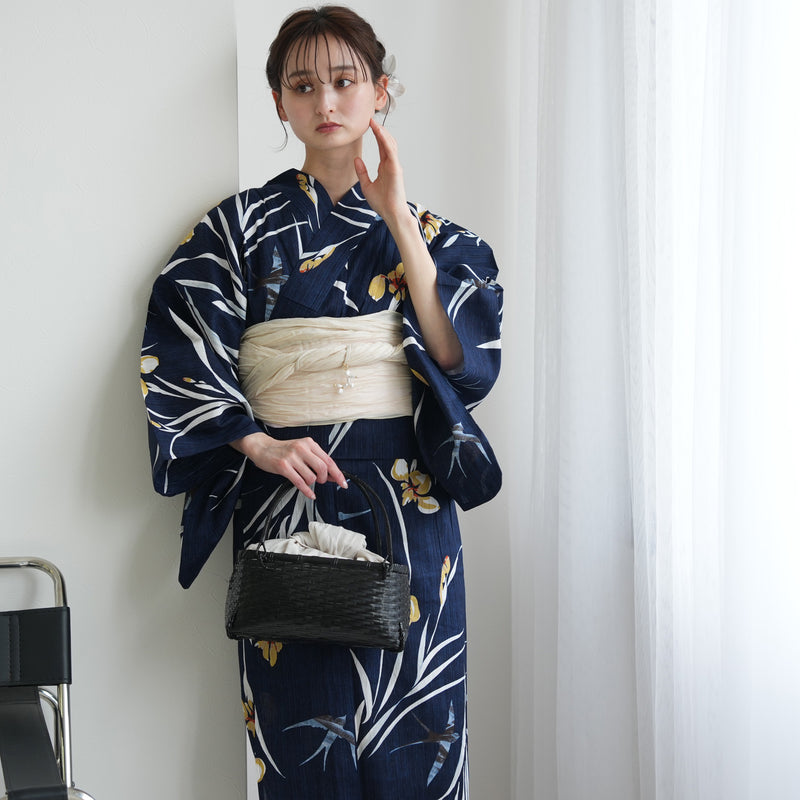 【セパレート高級変わり織 二部式浴衣3点セット ( ゆかた上下・帯・下駄 )紺地に菖蒲とつばめ】フリーサイズ  国産生地 国内染色 ニコアンティーク （5016282911）