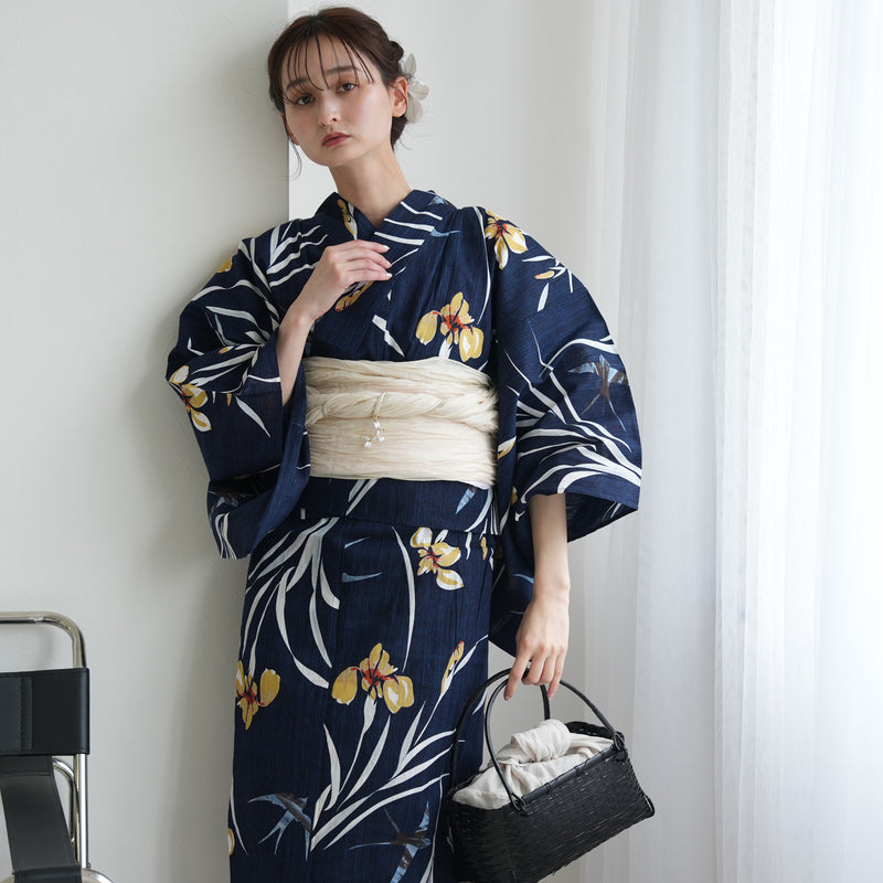 【セパレート高級変わり織 二部式浴衣3点セット ( ゆかた上下・帯・下駄 )紺地に菖蒲とつばめ】フリーサイズ  国産生地 国内染色 ニコアンティーク （5016282911）