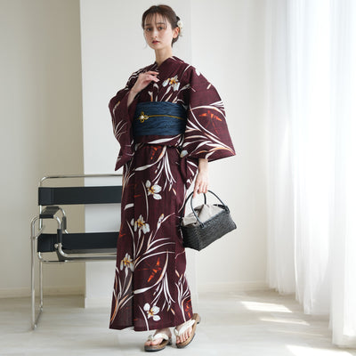 【セパレート高級変わり織 二部式浴衣3点セット ( ゆかた上下・帯・下駄 )えんじに菖蒲とつばめ】フリーサイズ  国産生地 国内染色 ニコアンティーク （5016283311）