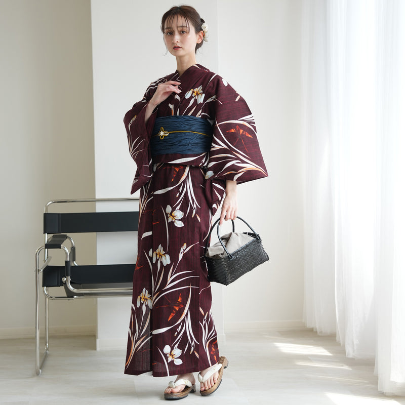 【セパレート高級変わり織 二部式浴衣3点セット ( ゆかた上下・帯・下駄 )えんじに菖蒲とつばめ】フリーサイズ  国産生地 国内染色 ニコアンティーク （5016283311）