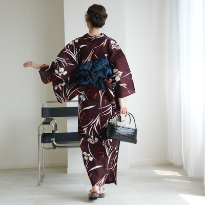 【セパレート高級変わり織 二部式浴衣3点セット ( ゆかた上下・帯・下駄 )えんじに菖蒲とつばめ】フリーサイズ  国産生地 国内染色 ニコアンティーク （5016283311）