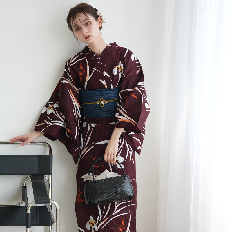 【セパレート高級変わり織 二部式浴衣3点セット ( ゆかた上下・帯・下駄 )えんじに菖蒲とつばめ】フリーサイズ  国産生地 国内染色 ニコアンティーク （5016283311）