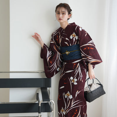 【セパレート高級変わり織 二部式浴衣3点セット ( ゆかた上下・帯・下駄 )えんじに菖蒲とつばめ】フリーサイズ  国産生地 国内染色 ニコアンティーク （5016283311）