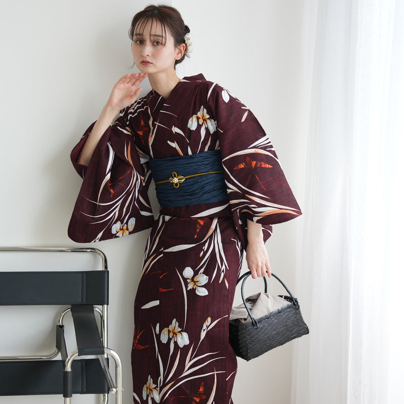 【セパレート高級変わり織 二部式浴衣3点セット ( ゆかた上下・帯・下駄 )えんじに菖蒲とつばめ】フリーサイズ  国産生地 国内染色 ニコアンティーク （5016283311）