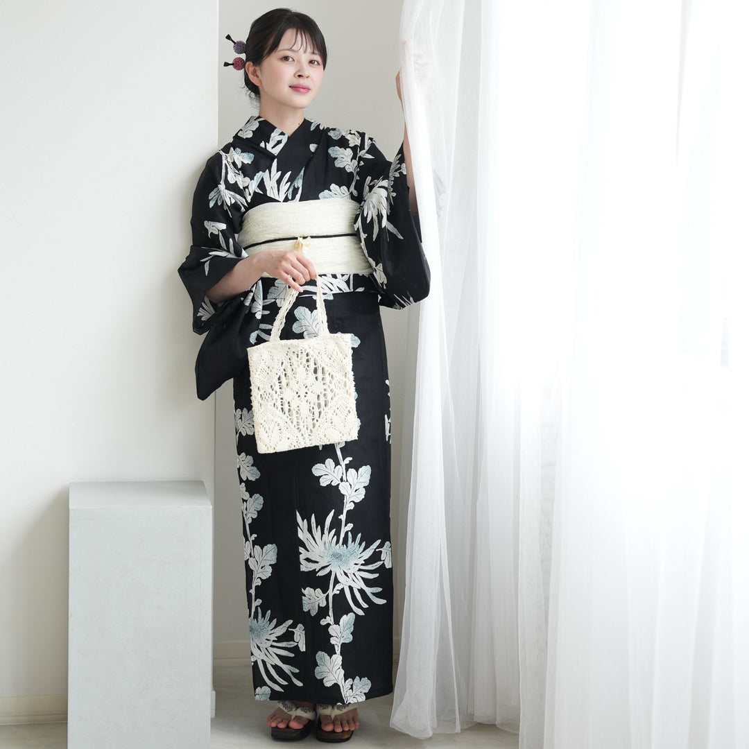 セパレート 二部式浴衣3点セット ( ゆかた上下・帯・下駄 )黒地に