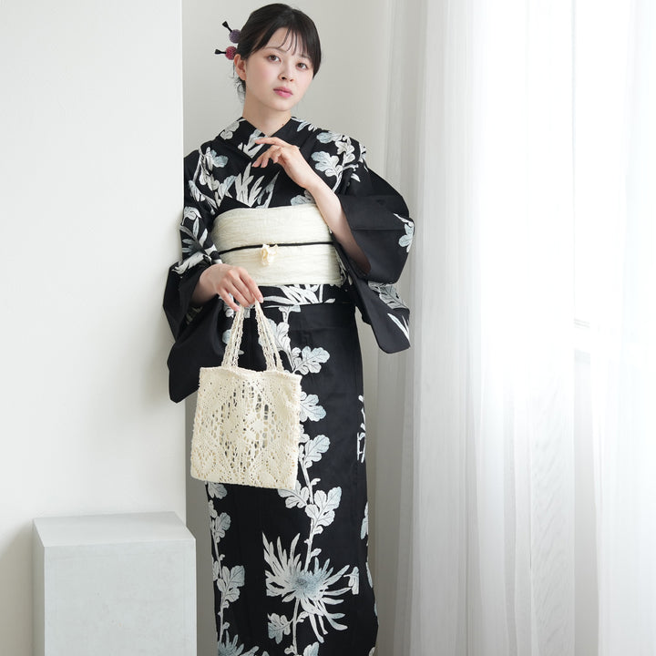 新品　未使用　utatane 二部式　セパレート　浴衣　帯　下駄　渋緑にアネモネ セパレート 二部式浴衣3点セット ( ゆかた上下・帯・下駄 )黒地に