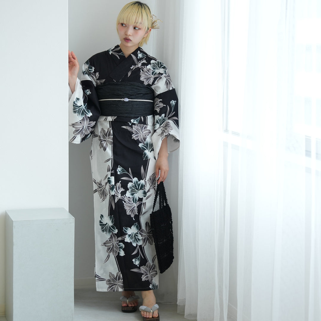 セパレート 二部式浴衣3点セット ( ゆかた上下・帯・下駄 )白と黒の