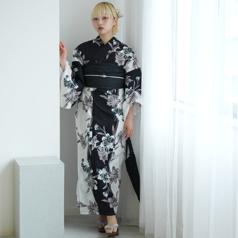 セパレート 二部式浴衣3点セット ( ゆかた上下・帯・下駄 )白と黒の