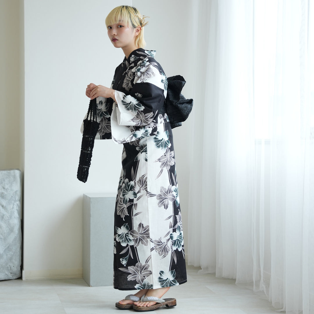 セパレート 二部式浴衣3点セット ( ゆかた上下・帯・下駄 )白と黒の