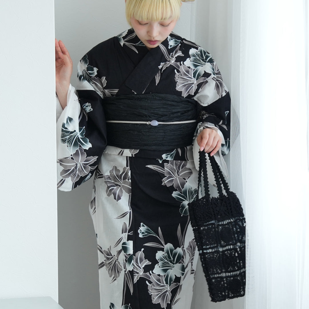 セパレート 二部式浴衣3点セット ( ゆかた上下・帯・下駄 )白と黒の