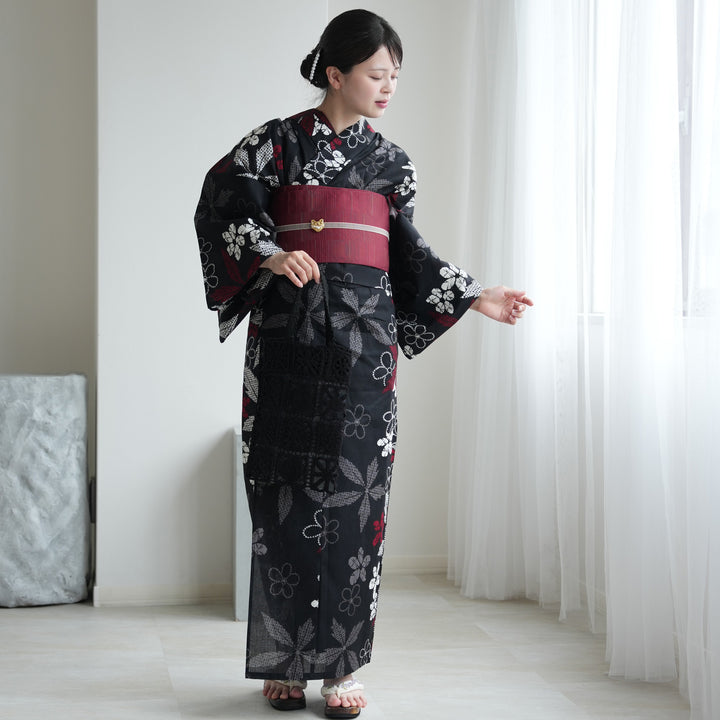 東京トガリ 浴衣&帯 セパレート 二部式浴衣3点セット ( ゆかた上下・帯・下駄 )黒地に赤の