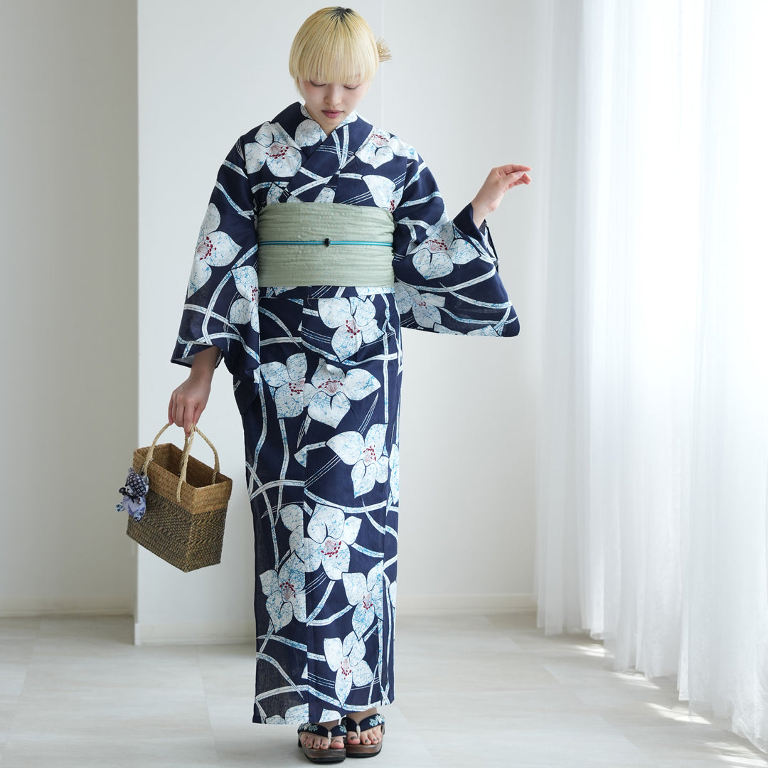 セパレート 二部式浴衣3点セット ( ゆかた上下・帯・下駄 )紺地にろう